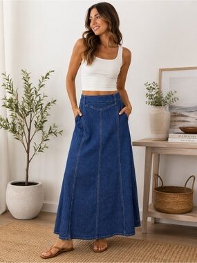 Yoeasy Denim Maxi Skirt Small Dark Wash High Waist A-Line Stretch Long Jean
